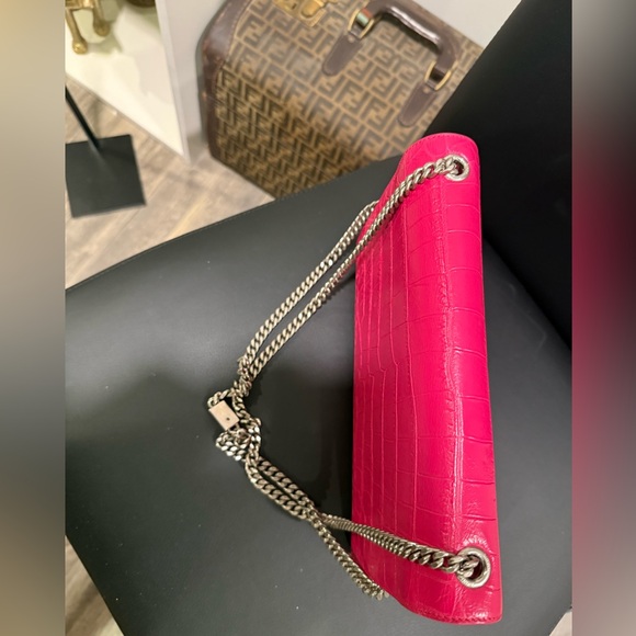 YSL Calfskin Croc Embossed Medium Classic Monogram Kate Tassel Fuchsia - Picture 7 of 13